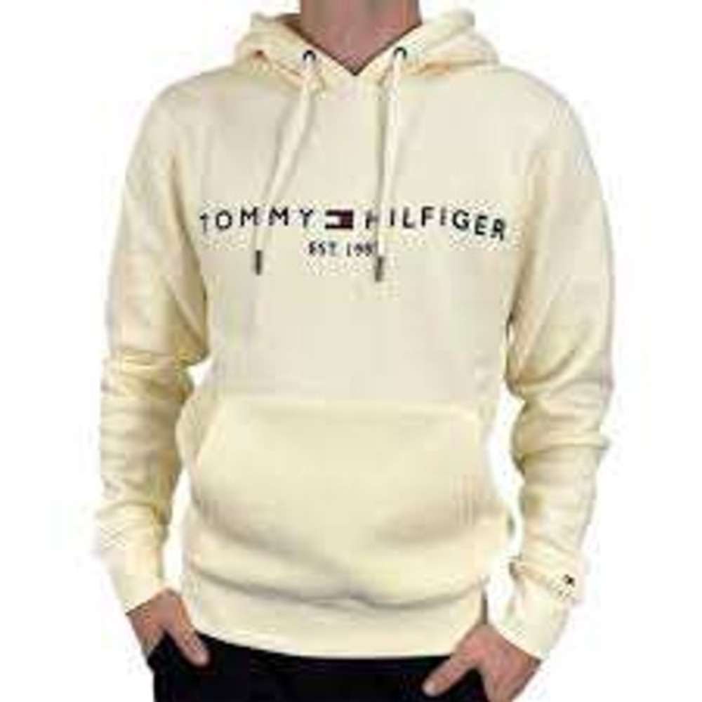 Tommy Hilfiger Mens Hoodie Pale Yellow Logo Pullover Sweatshirt L NEW